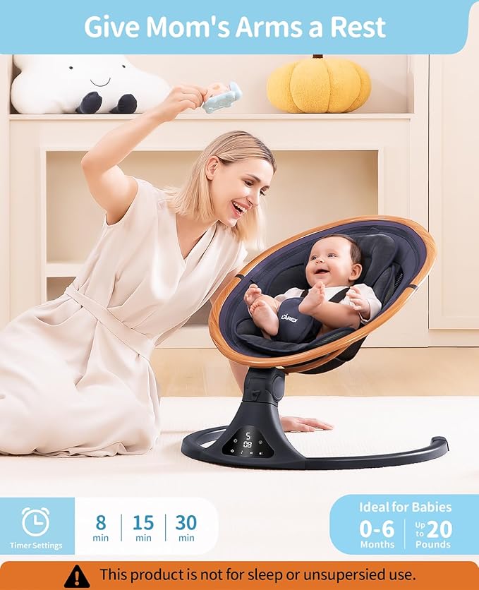 LAREX Baby Swing to Toddler Electric Infant Swing Portable for Newborn Boy Girl, 5 Sway Speeds with Remote Control, 12 Preset Melodies and Bluetooth, 0-6 Months Max 20 Lbs(Dark Wood Grain)