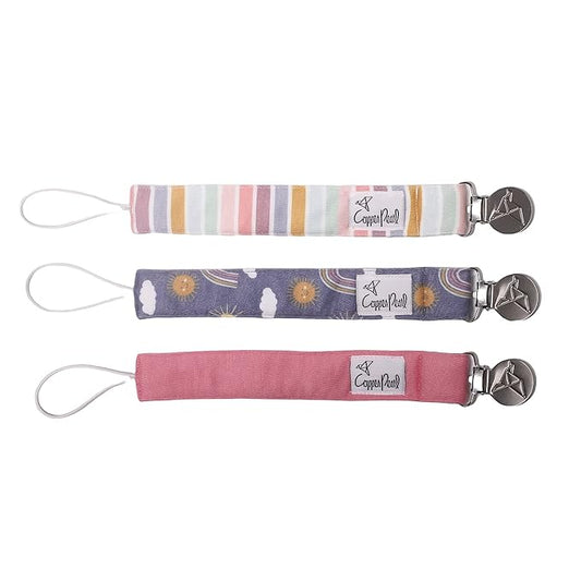 Copper Pearl Premium Knit Pacifier Holders 3-Pack: Stylish Stainless Steel Clips for Baby Girls and Boys - Prevent Floor Drops - Hope