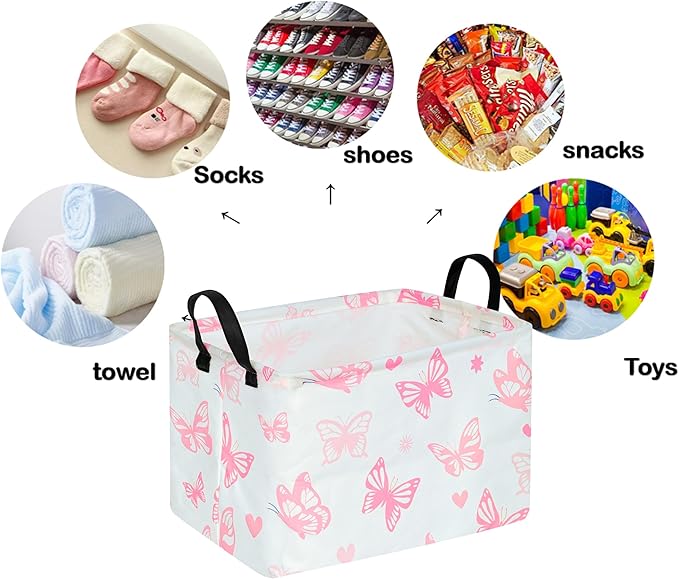 Rectangle Kids Gift Storage Basket Shelf Storage Basket Organizer Box Clothes Laundry Hamper Toys Nursery Basket Baby Laundry Basket with Handles (Pink Butterfly)