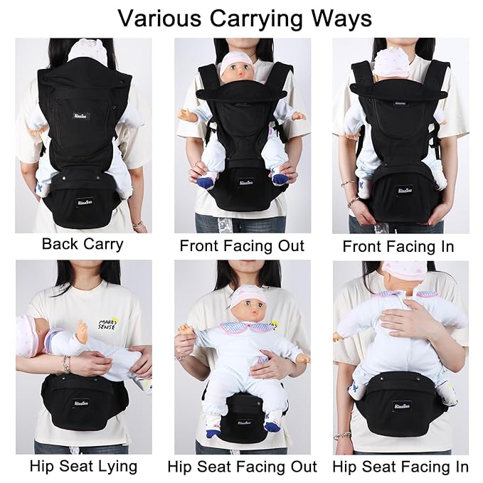 Baby Carrier with Hip Seat 6 in 1 Newborn to Toddler Adjustable Infant Sling with Lumbar Support Baby Wraps Carrier Soft Baby Holder Carrier Lightweight for Women and Men Black All Season