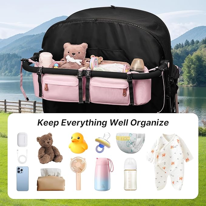 Double Stroller Organizer for Bob Duallie and Baby Jogger City Mini GT2, Double Stroller Caddy Organizers with Cup Holder and 2 Cooler Pockets Parent Console Double Stroller Accessories