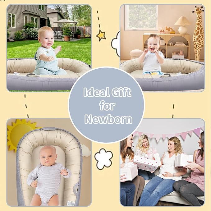Baby Lounger, Baby Nest Cover for Baby, Reversible & Breathable Cotton, Adjustable Baby Floor Seat for Tummy Time, Portable Infant Lounger, Essentials for Newborns (Gray)
