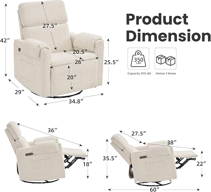 Oversized Power Recliner Chair Swivel Glider with Adjustable Headrest, Swivel Rocking Recliner Chair for Adults, 26" Extra Wide Glider Nursery Chair with Overstuffed Armrest, USB Ports, White