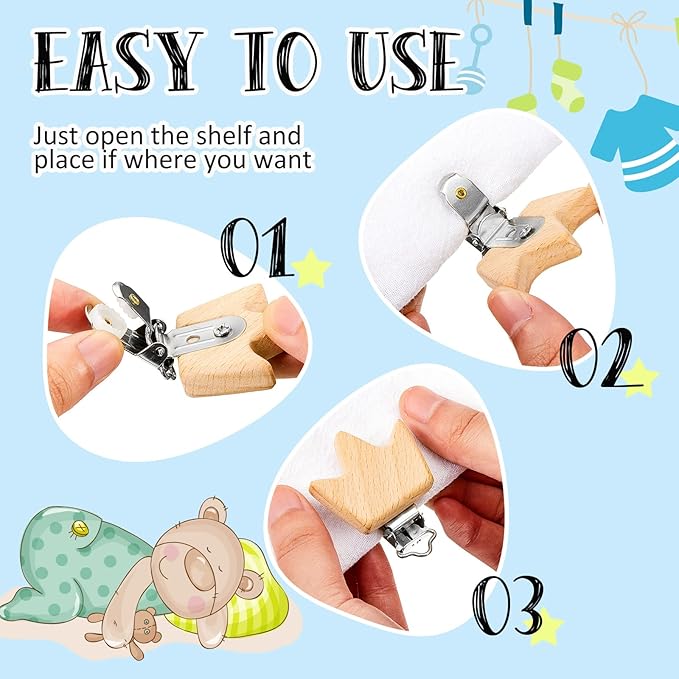 20 Pieces Wood Pacifier Clips Toy Suspender Clips Charm DIY Pacifier Holder for Baby Toddler Teething Grasping Accessory