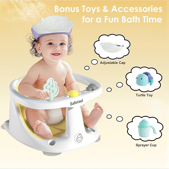 Baby Bath Seat with Bath Cap, Comfortable Baby Bath Chair for Babies 6 Months & up, Infant Bath Seat with Soft Cushion & Suction Cups, Non-Slip Bath Seats for Babies Sitting Up, Yellow