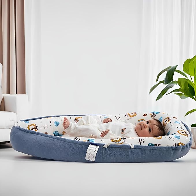 Premium Muslin Baby Lounger - Foldable, Adjustable & Breathable Infant Seat for 0-24 Months, Portable Travel Design with Mesh Liner, Soft & Cozy for Home & On-The-Go