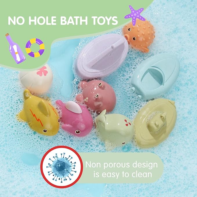 Bath Toys, 9 Pack | Sealed, No Hole & Mold Free Bath Toys Design | Soft, Squeezable & Float on Water | Safe & Non-Toxic Easy-Grip Baby & Toddler Bath Toy Set | Baby Pool Toys