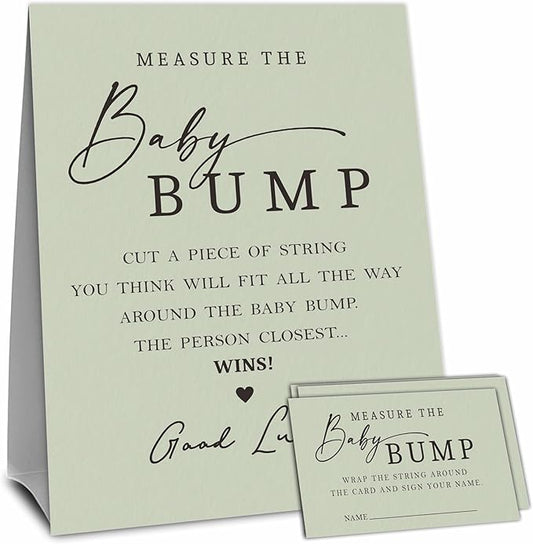 Light Green Baby Shower Measure The Baby Bump, Measure Mommy's Belly Game Set - 1 Self-Standing Sign And 50 Tickets - Gender Reveal, Baby Shower, Baby Announcement Activity & Party Favor Supplies -A13
