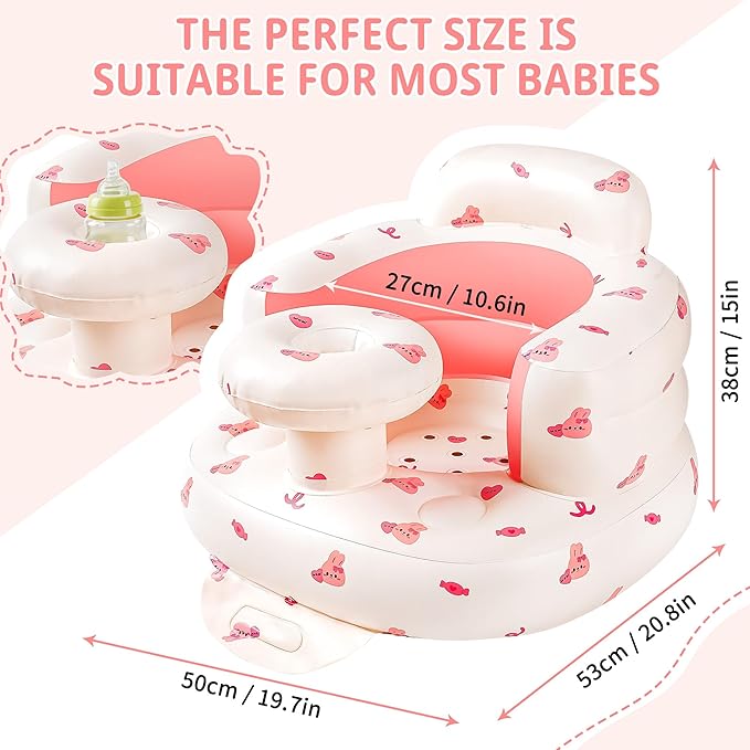 Inflatable Baby Seat for Babies 3-36 Months, Baby Chair with Tray & Built in Air Pump, Blow Up Floor Baby Seat with Back Support, Baby Chair Sit Me Up for Home, Travel (Bunny with Tray)