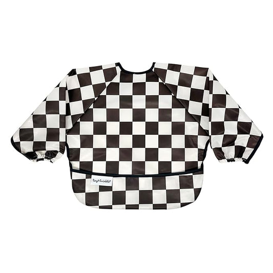 Tiny Twinkle Mess Proof Baby Bib,Waterproof Smock Baby Bib for Eating,Machine Washable Long Sleeve Bib,Baby Led Weaning,Toddler Bib,BLW Supplies(Checkers Black, Small 6-24 Months)