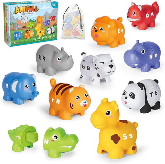 52PCS Animal Alphabet Learning Toys for Toddlers 2-4, 10 Different Animal Figures, Montessori Educational Toys Gifts for Boy Girl, Preschool Learning Activities, Double Sided ABC Matching Game ﻿