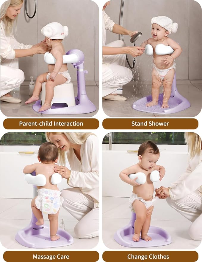 Baby Shower Stand, Baby Bath Support, Shower Standing Support with Adjustable Height and Armrest, Bath Stand with Anti-Skip and Shower Head Holder, Bath Essentials for Infants