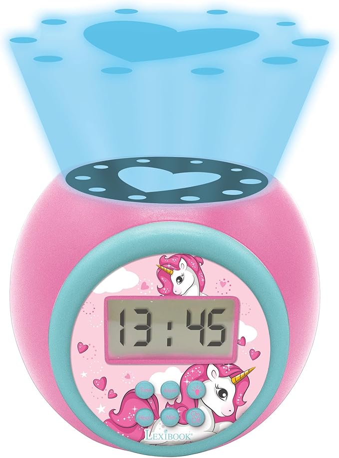 LEXiBOOK Projector Clock Unicorn with Snooze Alarm Function, Night Light with Timer, LCD Screen, Battery Operated, Pink, RL977UNI