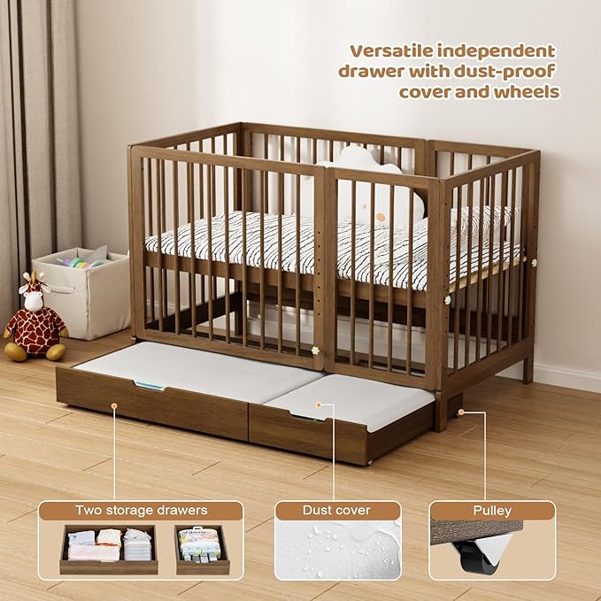 JOYMOR 8 in 1 Convertible Crib with Changer, Include 2” Mattress, Converts to Bassinet, Mid Crib, Full Size Crib, Daybed,Toddler Bed and Playard (Crib with Drawer, Honey Wood)