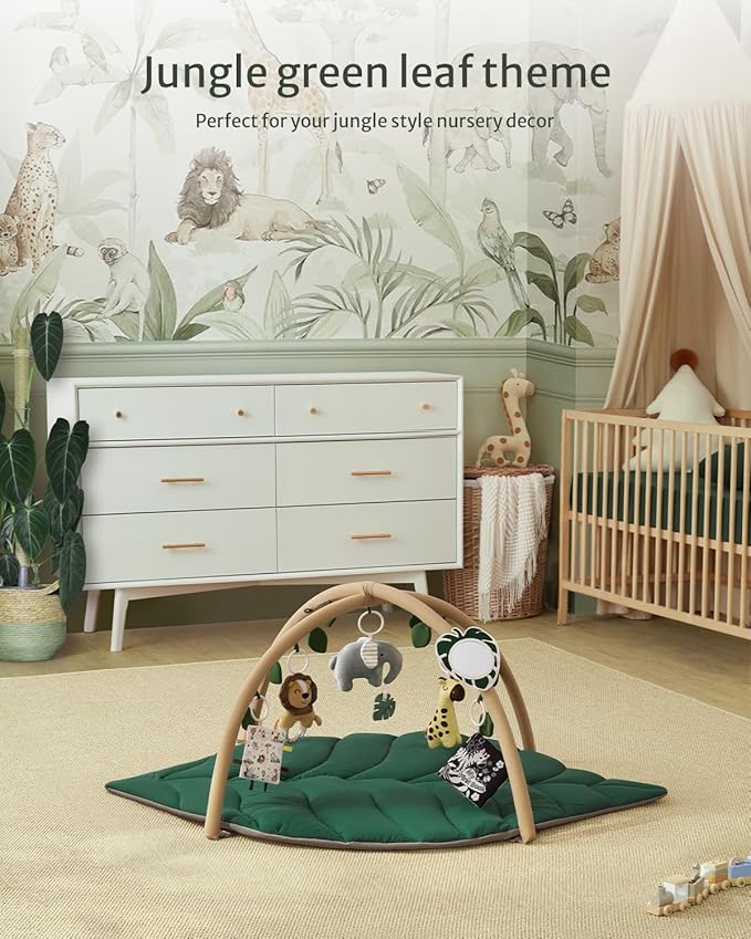 Blissful Diary Baby Play Gym & Activity Mat, Oversize Leaf Shaped Tummy Time Baby Play Mat w 6 Detachable Toys Promotes Motor Skills & Sensory Development, Newborn Infant Essentials Gift, Forest Green