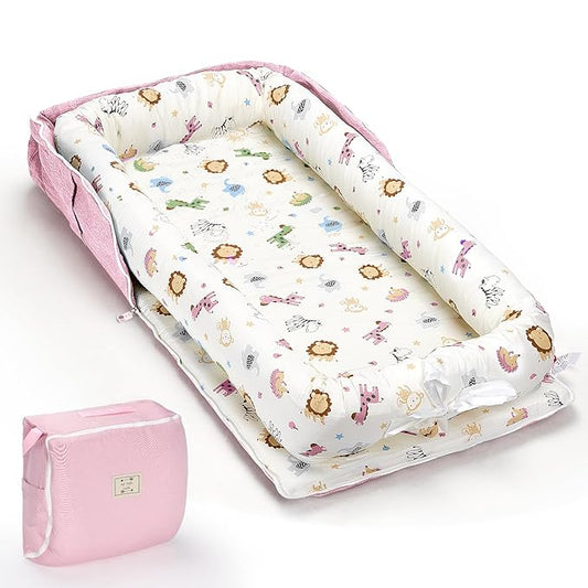 Baby Lounger for Newborn, Huggynest Portable Infant Lounger for 0-12 Months Newborn, Home Travel Dual-Purpose Baby Nest (Animal World Pink)