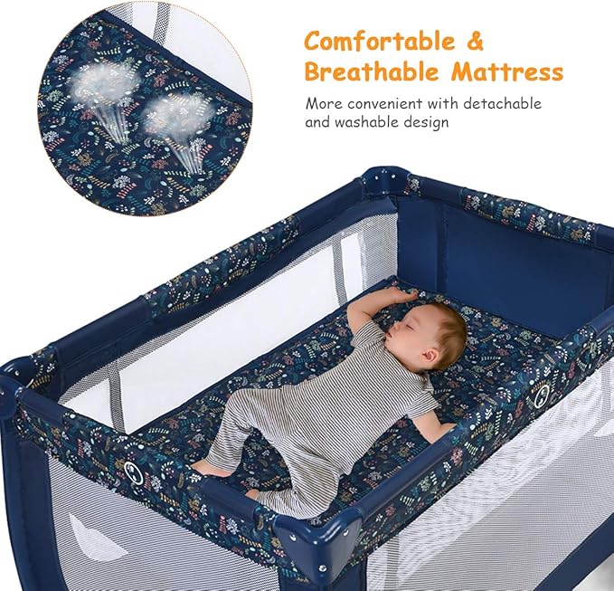 HONEY JOY Pack and Play, Foldable Baby Playard with Bassinet, Lightweight Installation-Free Travel Baby Crib from Newborn to Toddlers, Portable Nursery Center w/Lockable Wheels & Carry Bag(Blue)