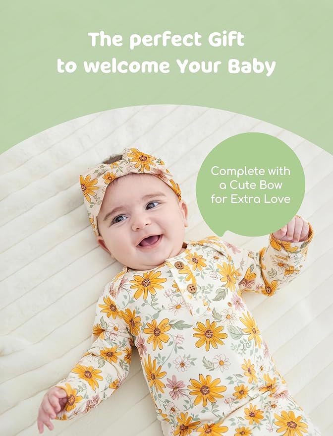 PATPAT Baby Sleeper Gown with Bamboo Viscose for Newborn Girls Boys, Knotted Nightgown with Mittens for Infant Home Coming