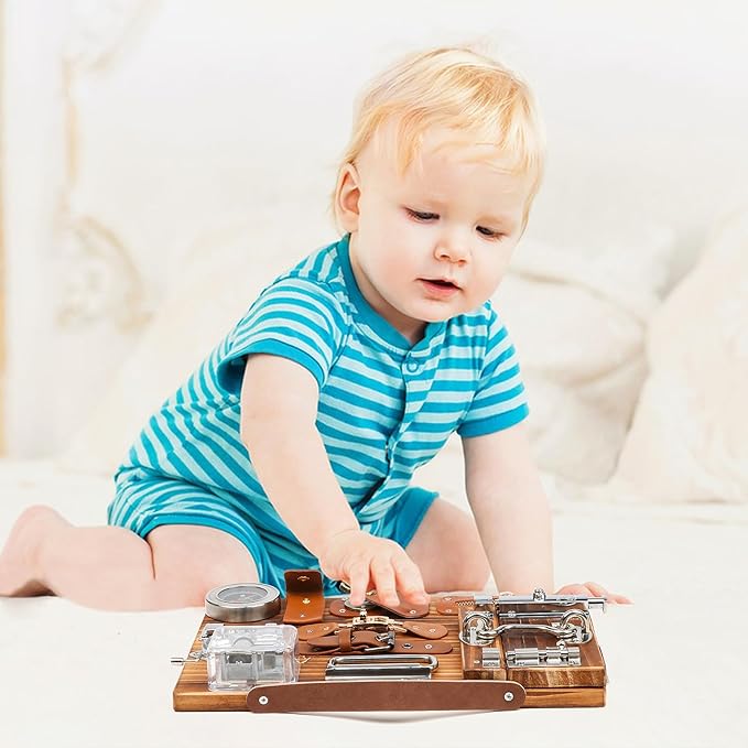 Busy Board for Toddlers, Travel Toy Fidget Board Activity Board for Fine Motor Skills, Wooden Busy Board Toys for 3 Years Old Boys & Girls with Switch, Locks, Music Box...