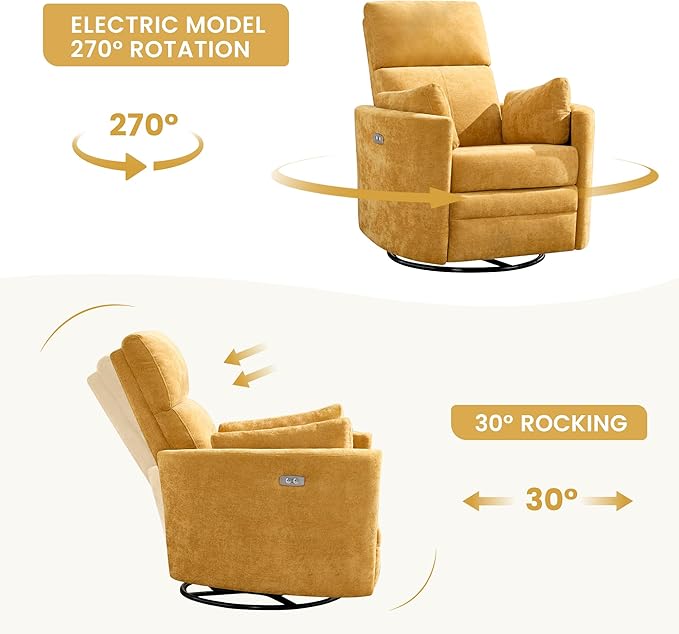 Recliner Swivel Glider Electric Rocking Chair with USB Port,Multifunction Power Recliner Living Room Bedroom with Upholstered Nursery Chair Adult Rocking Chair with 2 Pillows (Yellow, Power-Driven)