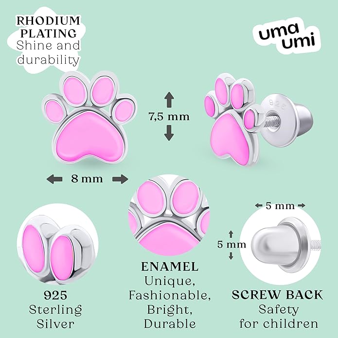 925 Sterling Silver Paw Pink Stud Earrings for Girls Hypoallergenic Safety Screw Back Rhodium Plated - Paw Pink Gifts Earrings for Baby Toddlers Little Teens Kids Jewelry