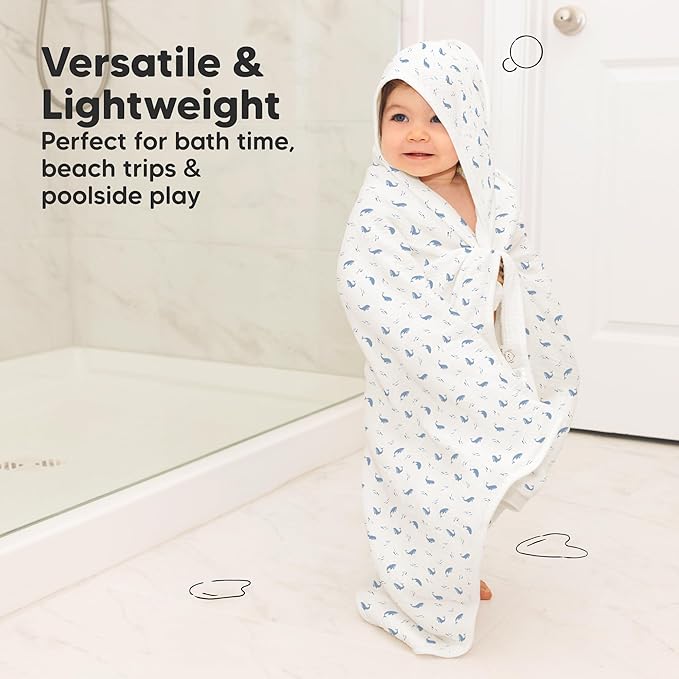 KeaBabies Muslin Baby Bath Towels with Hood for Girls, Boys, Large Organic Cotton Hooded Baby Towels for Newborns, Toddlers, Infant, Kids, Soft Absorbent Newborn Bath Essentials Gift Set (Whale Bay)