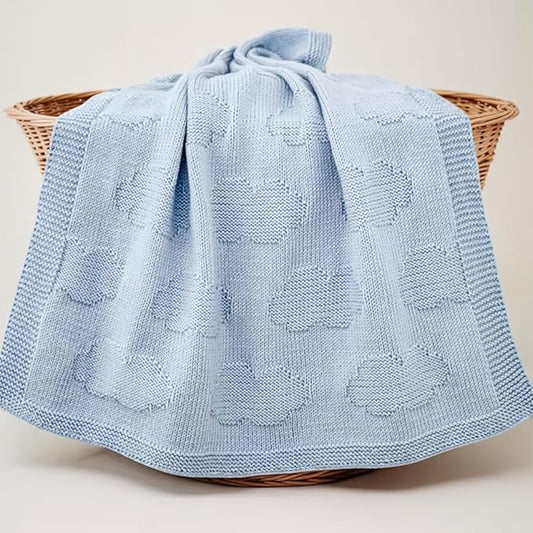 Baby Knit Blanket Cloud Pattern – 100% Cotton Soft Lightweight Receiving Blanket for Newborn Infant Toddler Boy Girl, Warm Cozy Nursery Crib Blanket, Stroller Cover