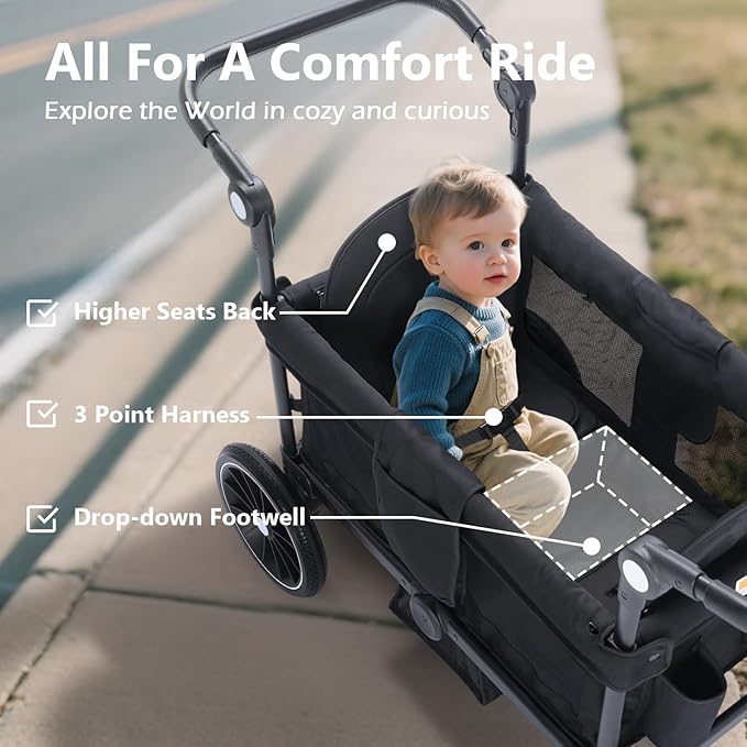 Kinder King Folding Wagon Stroller for 2 Kids, All-Terrain Baby Stroller Wagon Outdoor, Removable Canopy 2 Seater, Adjustable Handle, Shock-Absorbing Wheel, Detachable Tray, Parent Organizer, Black