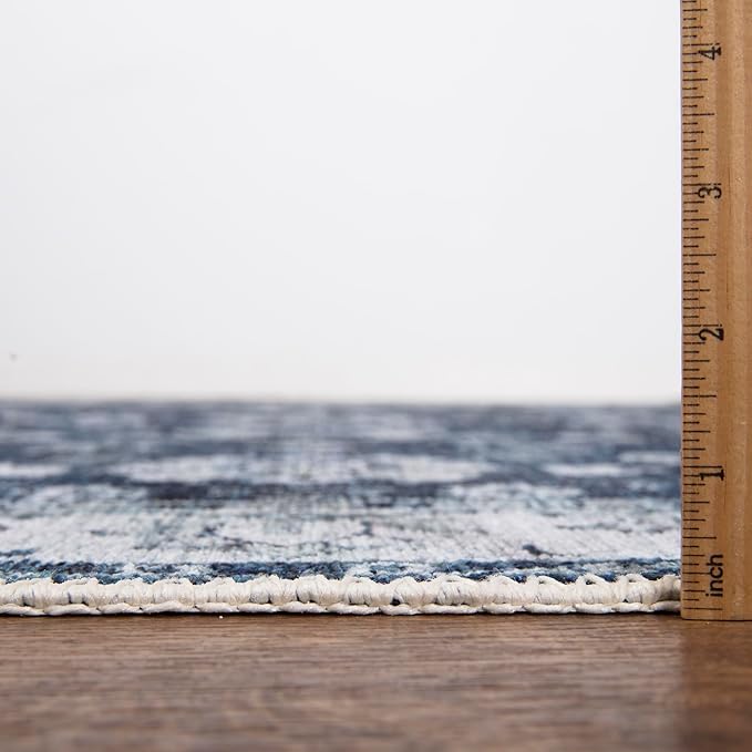 Bloom Rugs Washable Non-Slip 7 ft Runner - Dark Blue Traditional Bordered Runner for Entryway, Hallway, Bathroom, and Kitchen - Exact Size: 2.5' x 7'