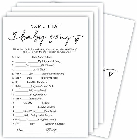 Name That Baby Song - Baby Shower Game Set - Minimalism Ivory - 30 Double-Sided Fill In Style Game Cards With Answer Cards, Gender Reveal, Baby Announcement, Party Favor & Supplies - B05