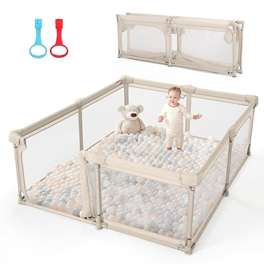 Baby Playpen,79"x59" Foldable Playpen for Babies and Toddlers with Gate,Large Play Pen with Zipper Door,Baby Play Pen Play Area(Khaki)