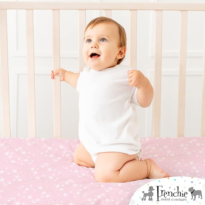Fitted Crib Sheets 100% Woven Cotton Fits Toddler Mattress, Pink Stars, 28 x 52inx8in, 2-Pack