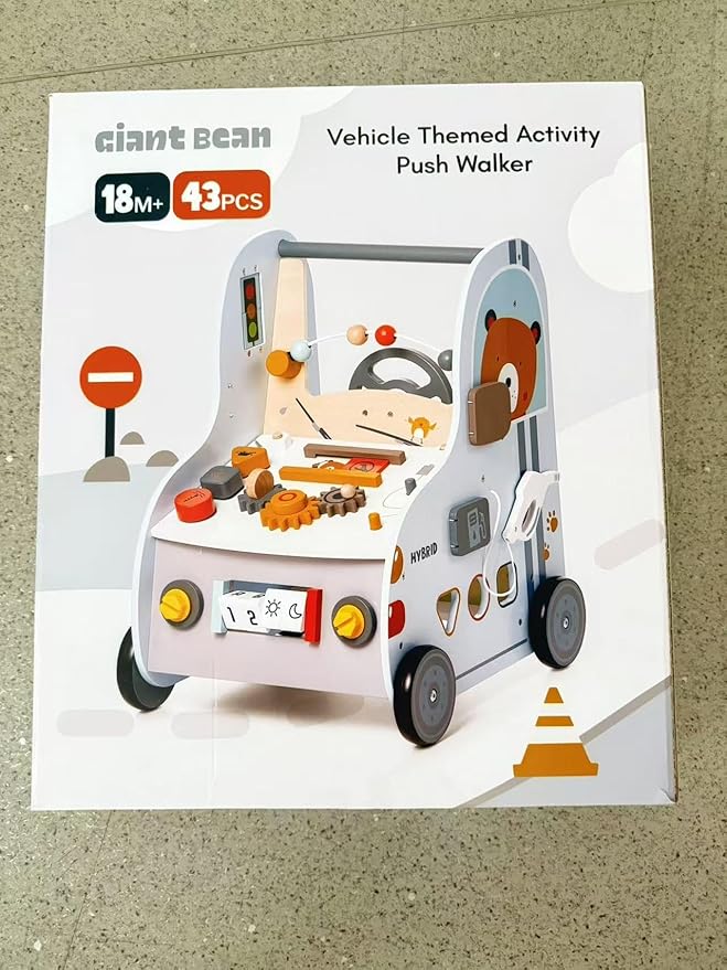 Wooden Baby Push Walker with Activity Center – Car Traffic Theme Tool Bench Shape Sorter, Steering Wheel, Gears, Beads, Montessori Toy for Toddlers 1-3, Walking Learning Baby Push Toy Speed Adjustable