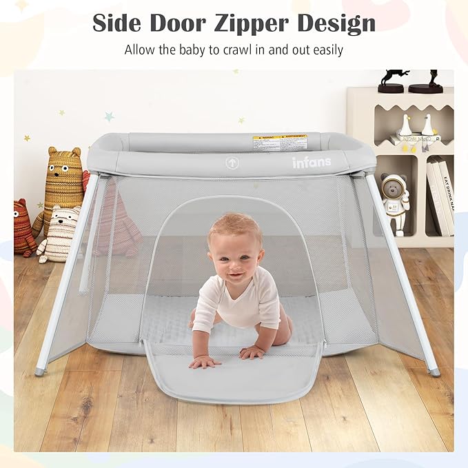 INFANS Travel Crib, Portable Baby Playpen with Removable Bassinet Soft Mattress Carry Bag, Foldable Lightweight Playard Nursery Center for Newborns Toddlers (Light Gray)