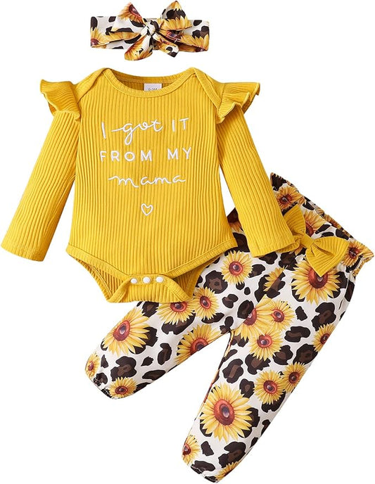 DISAUR Baby Girls Clothes Newborn Infant Baby Girls Outfit Long Sleeve Ruffle Romper Floral Pants Headband Sets 0-18 Months