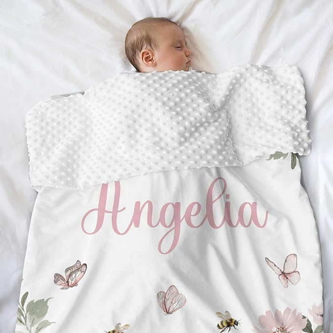 Personalized Baby Blanket for Girls Floral Butterfly Custom Baby Blankets with Name Dotted Backing Customized Gifts for New Mom Customize Baby Blanket for Kids Newborn Birthday Pink