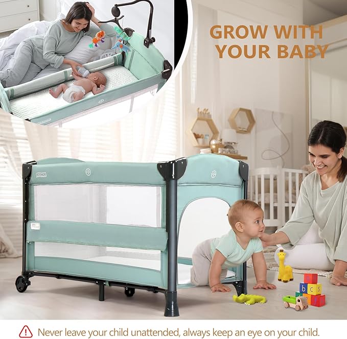 JOYMOR Baby Bassinet, Pack and Play with Bassinet and Carry Bag, Convert to Bedside Sleeper with Toy, Wheels for Boys Girls (Green)