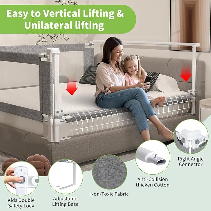 Bed Rail Guard for Toddlers, 1-Piece Adjustable Height Baby Bed Rail, Kids Safety Guard Rails for Twin Full Queen King Size (Gray, 1 Side:82.7")