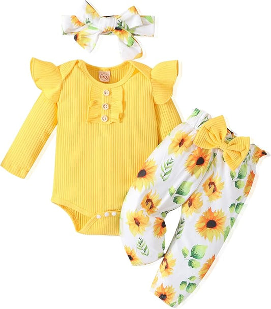 Baby Girl Clothes Newborn Infant Outfits Ruffle Romper+ Floral Pants + Cute Headband Sets for Girls