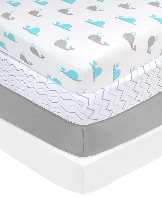 American Baby Company 4 Pack Fitted Crib Sheets 28" x 52", Soft Breathable Neutral 100% Cotton Jersey Sheet, Blue Zigzag/Aqua Whale/Gray/White, for Boys and Girls, Fits Crib and Toddler Bed mattresses