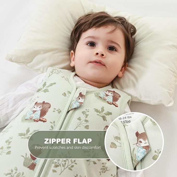 Mosebears Sleep Sack Baby Winter Wearable Blanket with 2-Way Zipper,2.5 TOG Cotton Sleep Sack Unisex(Green Animal,6-12 Months)