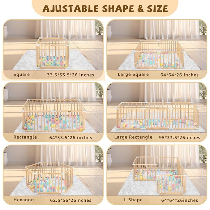 Wooden Baby Playpen with Door, Changeable & Expandable Play Fence for Toddlers, Large Wood Playpen Safety Baby Gate Playard, Safe Play Area Kids Activity Center Indoor Outdoor(26" Tall, 8-Panel)