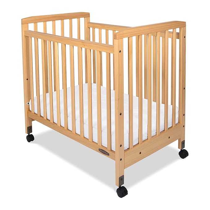 Child Craft Bristol Professional Series Wooden Compact Portable Crib with 3" Mattress and Ultra-Quiet Casters, Durable Wood Construction, Easy Maneuverability (Natural)