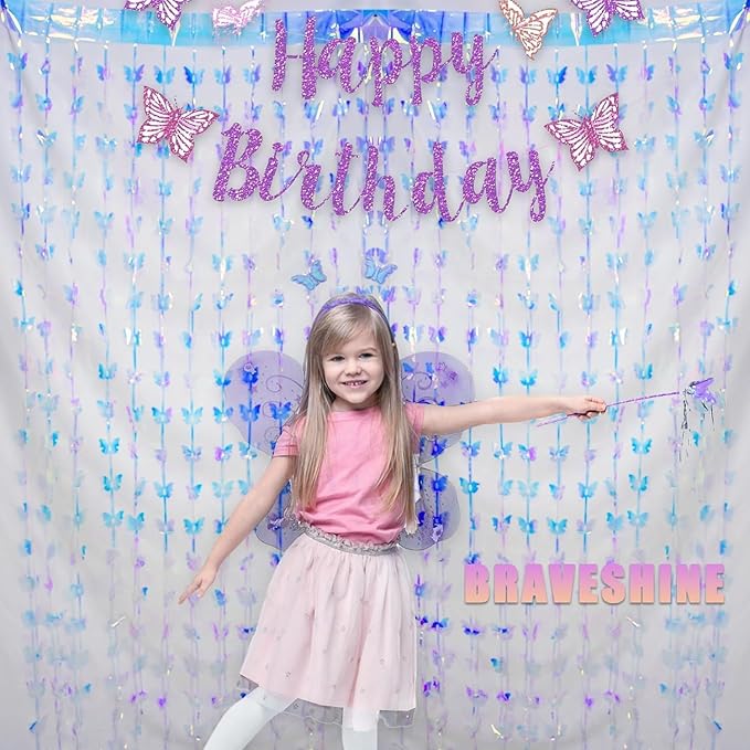 BRAVESHINE Iridescent Hanging Butterfly Foil Fringe Curtain - 2 Pack 3.2x6.6ft Holographic Party Streamers Backdrop for Baby/Bridal Shower/Mermaid/Frozen/Fairy/Princess/Butterfly Birthdays Decorations