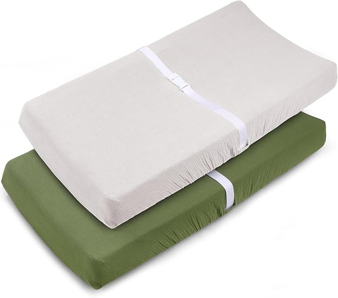 Muslin Changing Pad Cover for Baby Girls Boys-2 Pack 17"x 33" Cotton Soft Diaper Changing Pad Cover-Breathable Changing Pad Sheets-Neutral Boho Baby Showers Gift-Olive Green & Beige