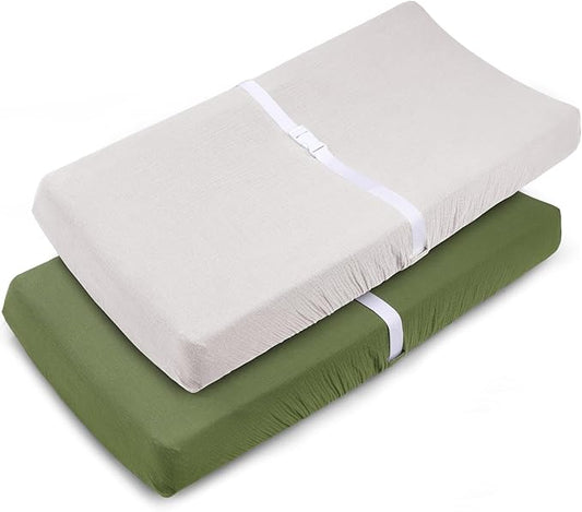 Muslin Changing Pad Cover for Baby Girls Boys-2 Pack 17"x 33" Cotton Soft Diaper Changing Pad Cover-Breathable Changing Pad Sheets-Neutral Boho Baby Showers Gift-Olive Green & Beige