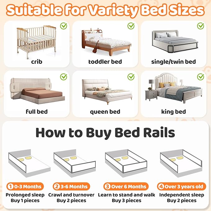 Bed Guard Rail for Toddlers - 74.8" Quick Assembly & Double Side Lift with Safety Child Lock - Adjustable Height Baby Bed Rails for Queen Full King Twin Crib Bunk Size Bed(Beige, 1 Pack)