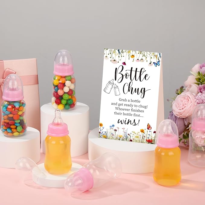 TrelaCo Bottle Chug Baby Shower Game Sign 20 Pcs Baby Bottles Shower Favor Plastic Greenery Flowers Bear Elephant Butterfly Gift Set for Gender Reveal Party (Wildflower,Blue)