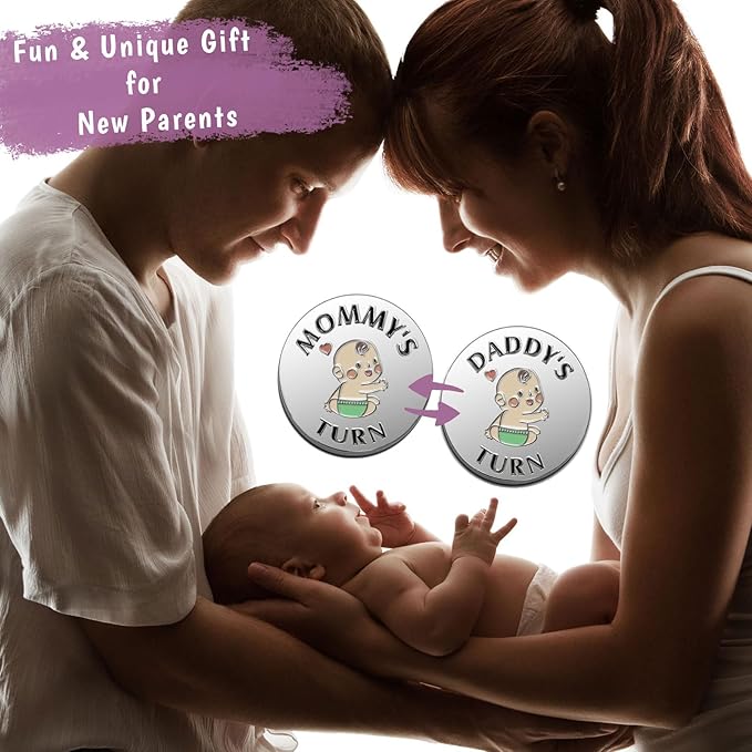 Fathers Day New Baby Gifts for Parents,Double-Sided Decision Coin Gift for New Mom & Dad,Funny Baby Shower Gifts for Couple,Gifts for Pregnant Women as Halloween Thanksgiving Christmas Gift，D-Silver