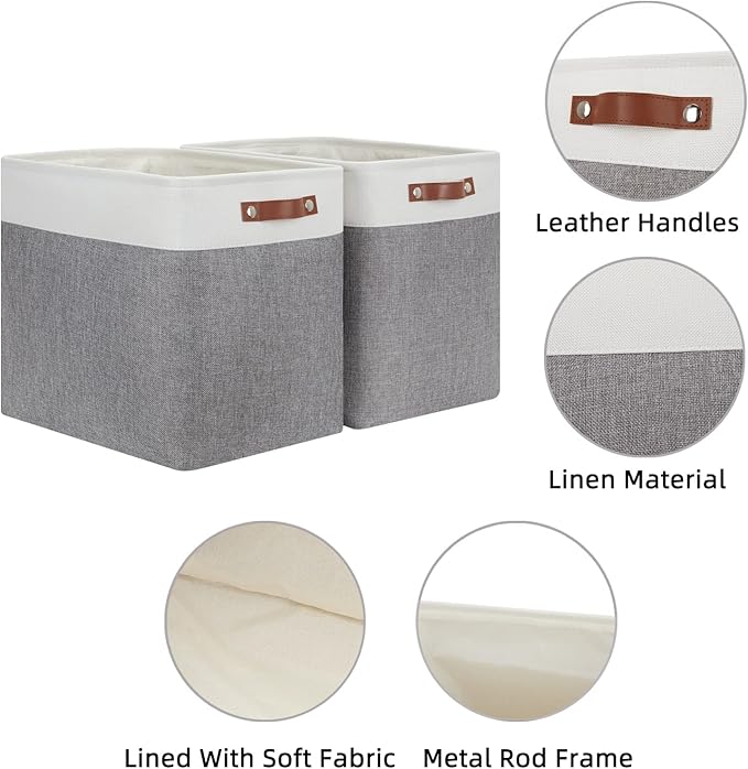 HNZIGE Large Storage Baskets Rectangular Storage Bins Baskets for Organizing [2 Pack] Tall Shelf Baskets with Handles, Decorative Organizer for Storage Home, Closet (White Grey)